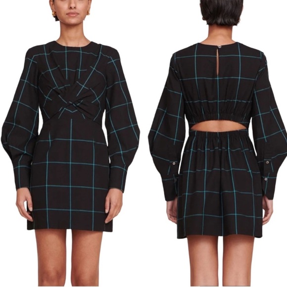 STAUD Crosshill Cut Out Mini Dress Windowpane Black Blue Long Sleeve Small - Picture 1 of 9